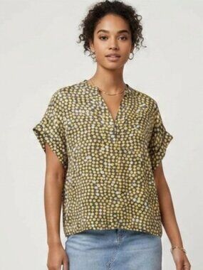 CAbi Women's Size S 100% Silk Yellow Polka Dot Short Sleeve Boxy Button Up Top